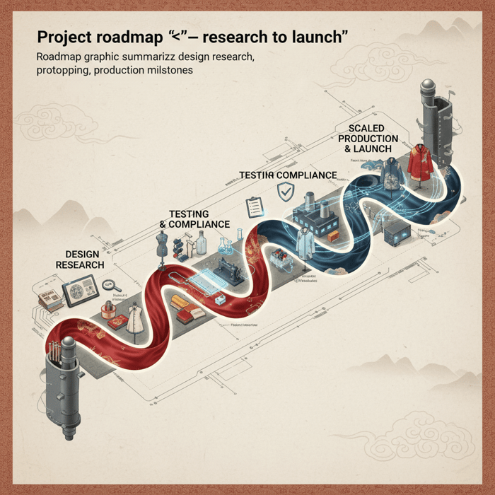 Roadmap graphic summarizing design research, prototyping, testing, and production milestones