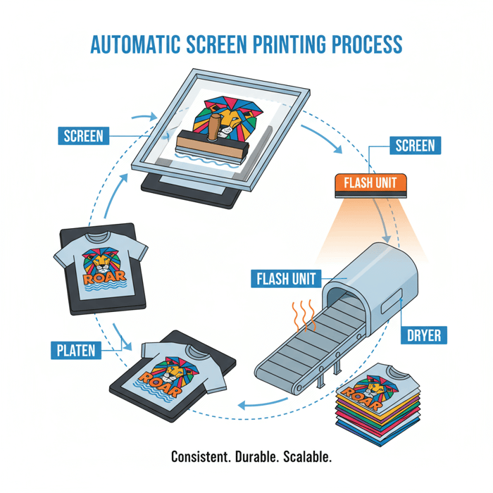 A labeled diagram of a screen printing setup including screen, squeegee, platen, flash unit, and dryer