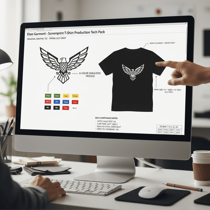 Example tech pack page showing artwork placement, Pantone PMS codes, and print size for a bulk t-shirt program