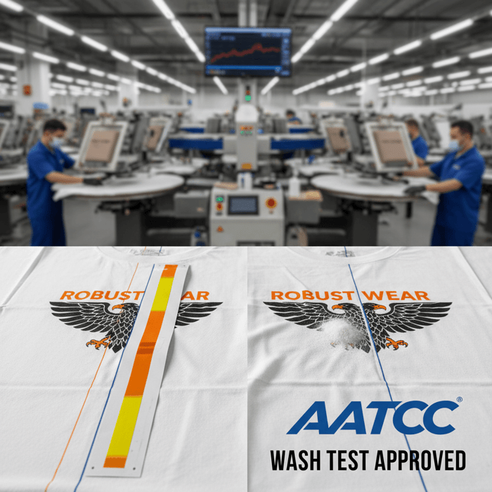 Photo showing curing test strips and a wash test comparison for validating screen print adhesion and colorfastness