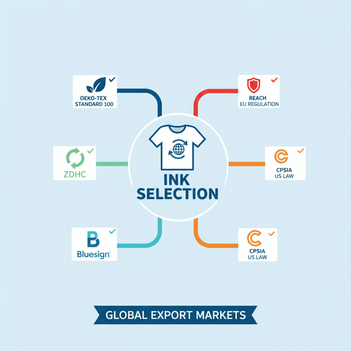 Infographic mapping compliance requirements to ink selection choices covering REACH, CPSIA, OEKO-TEX, ZDHC, and Bluesign for export markets