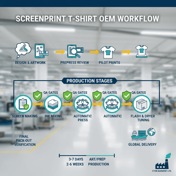 Workflow diagram from design to delivery highlighting QA gates including prepress review, pilot prints, mid-run audits, and pack-out verification