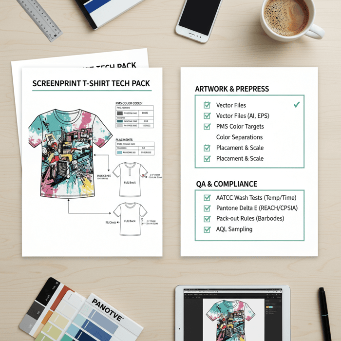 Checklist visual showing critical tech pack components for bulk screen-printed t-shirt production including artwork, PMS, placements, and QA fields