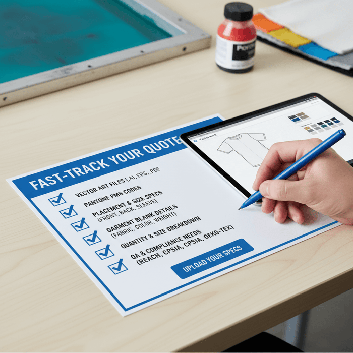 Call-to-action banner with checklist of files to upload for a screen printing quote including vector art, PMS codes, and placement notes