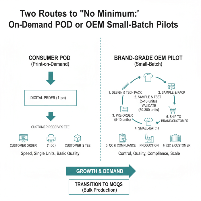 Diagram contrasting consumer POD vs brand-grade OEM zero-MOQ workflows for make t shirt no minimum