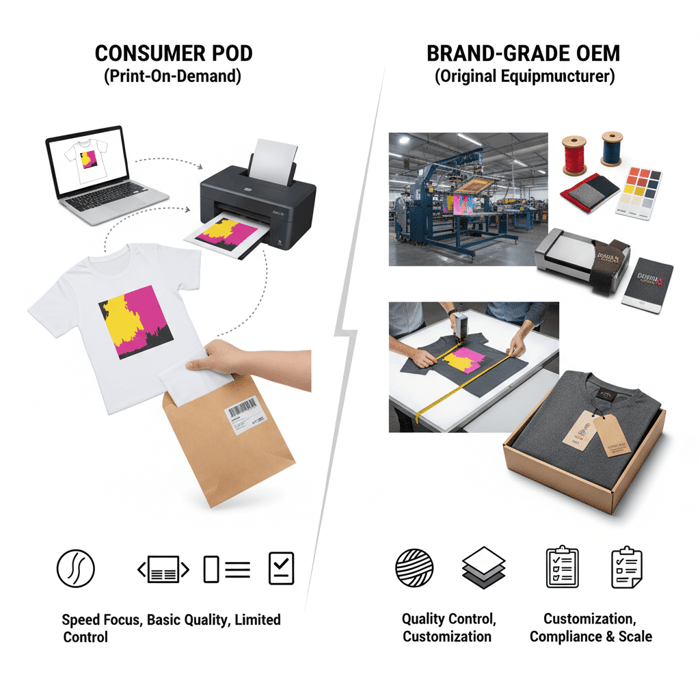 Side-by-side visual comparing print methods, trims and QA checkpoints for POD vs OEM