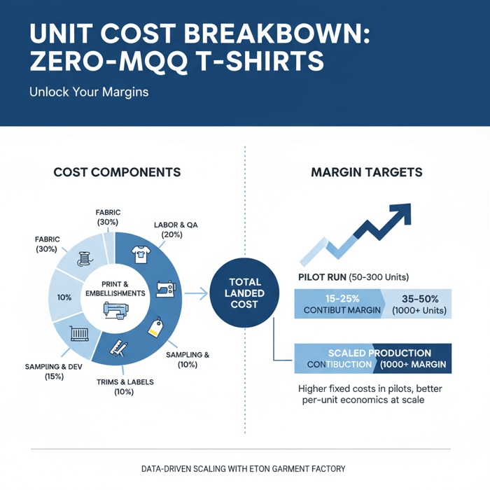 Cost breakdown infographic showing unit cost components and margin targets for zero-MOQ tees