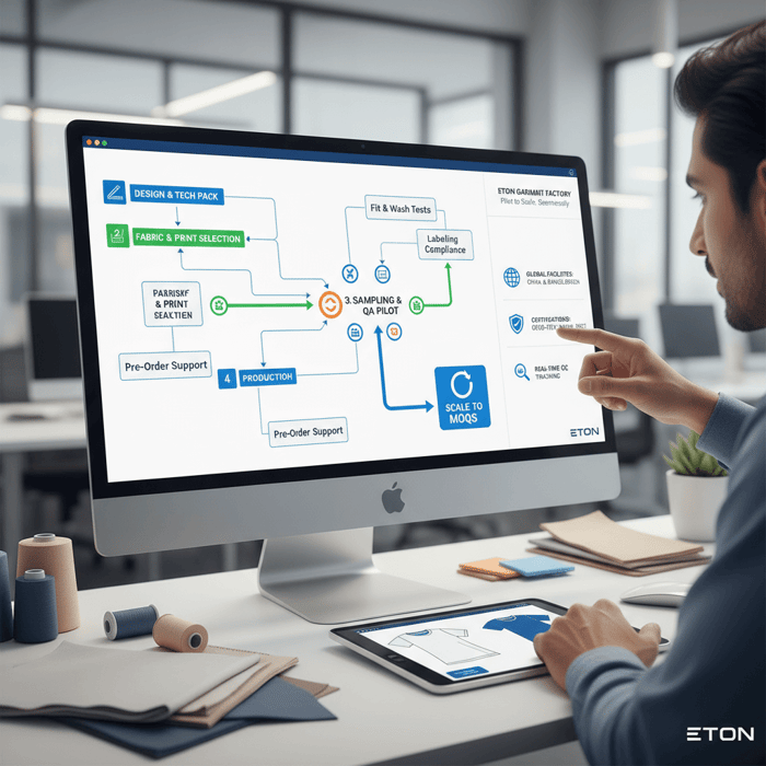 Flowchart from brief to tech pack, sample, pre-order, production, QC, ship for make t shirt no minimum
