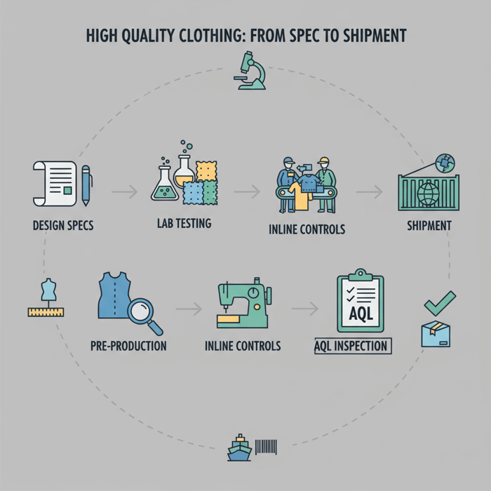 Diagram of the journey from design specs to lab testing, pre-production, inline controls, and final AQL for high quality clothing