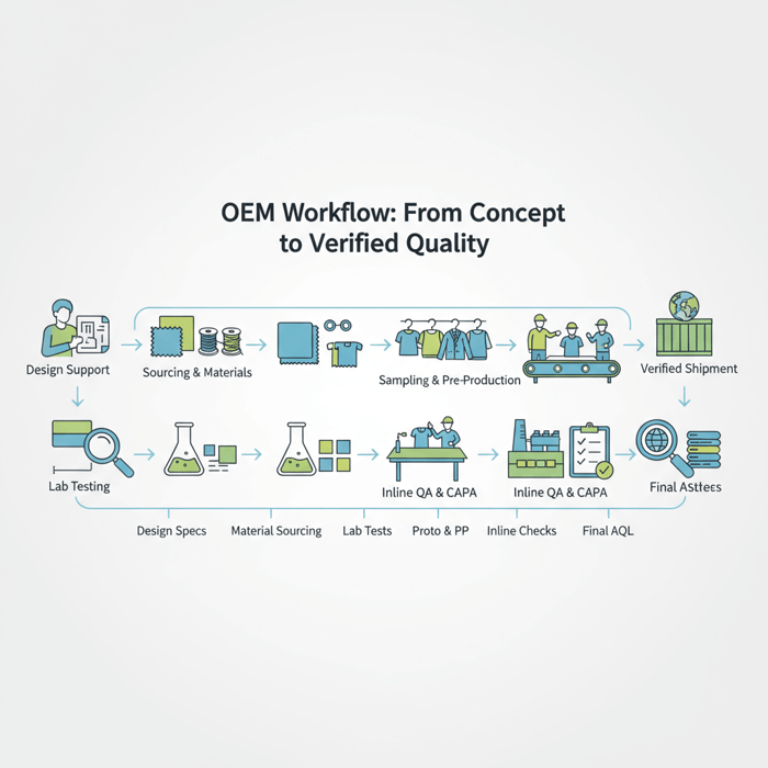 OEM workflow visual showing design support, sourcing, sampling, inline QA, and final AQL steps