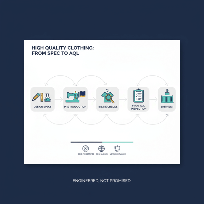 Concept diagram depicting design to lab tests to pre-production to inline checks to AQL