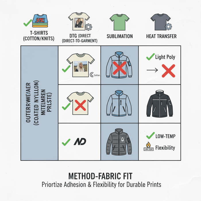 Matrix comparing print methods on tees and coated shells