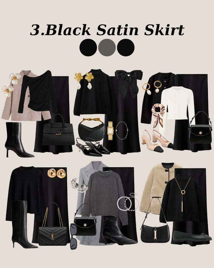 Black satin skirt styled with monochrome tops, gold jewelry, structured bags, and neutral outerwear to create timeless and classy outfits