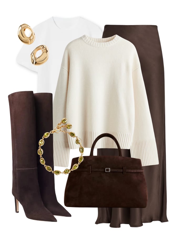Satin brown midi skirt with suede boots and cream knit — an elegant feminine take on brown is the new black.