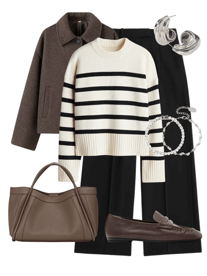 Parisian-inspired brown cropped jacket with striped knit and black trousers — a timeless twist proving brown is the new black.