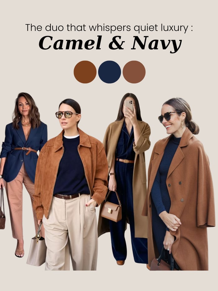 Elegant woman wearing a camel coat and navy trousers — a timeless color combination for classy women.