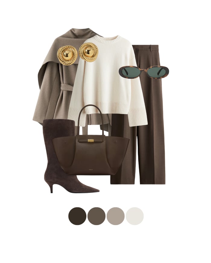 A sophisticated brown monochrome Old Money Outfit styled with a knit cape, wide-leg trousers, gold vintage earrings, and suede boots. Understated luxury meets warm layering.