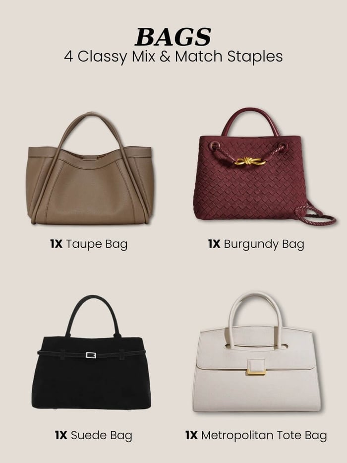 Classy mix and match fall handbags in taupe, burgundy, black suede, and white tote styles