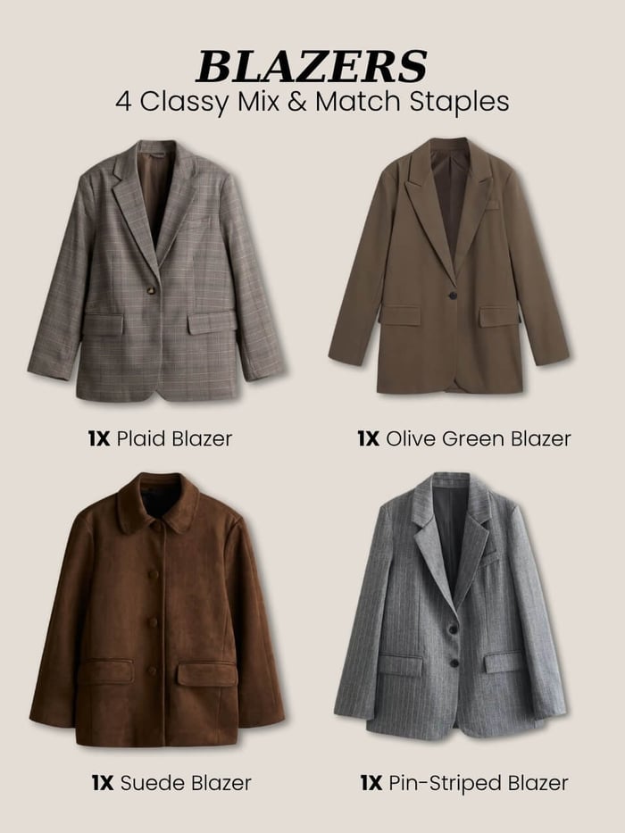 Classy fall wardrobe blazers: plaid, olive, suede, and pinstriped mix and match staples