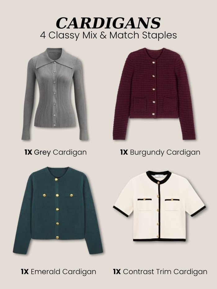 4 mix and match cardigans for a classy fall wardrobe in grey, burgundy, emerald, and contrast trim