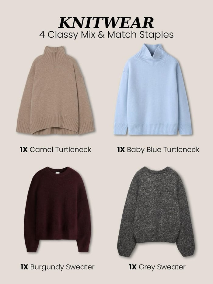 Neutral and soft knitwear for classy fall wardrobe including turtlenecks and crewnecks