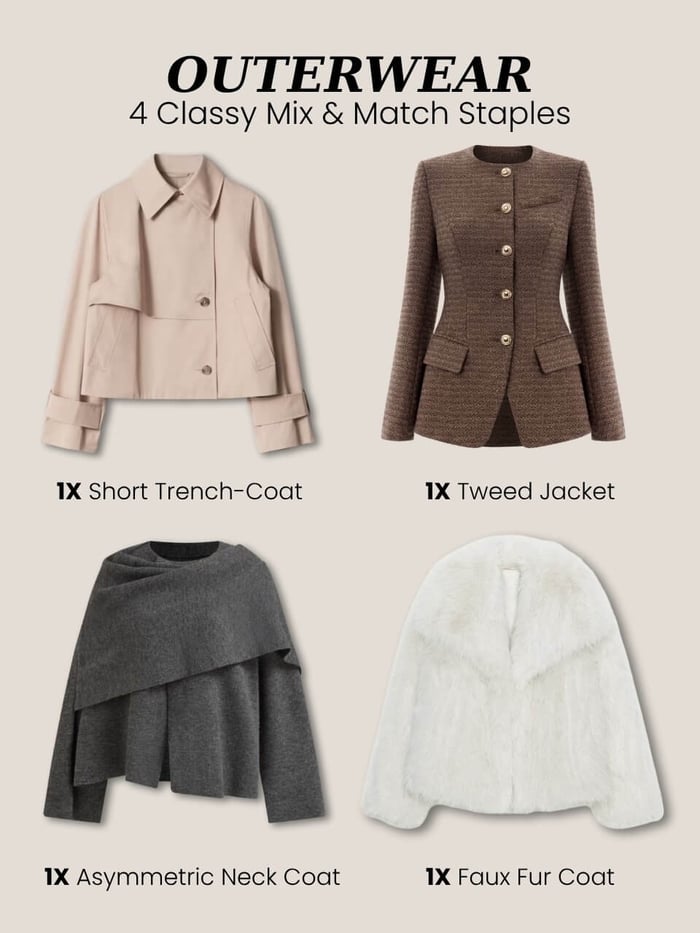 Elegant outerwear staples for a classy fall wardrobe including trench, tweed, and faux fur coats