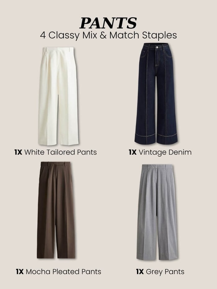 Elegant pants for a classy fall wardrobe: wide-leg, tailored, pleated, and vintage denim