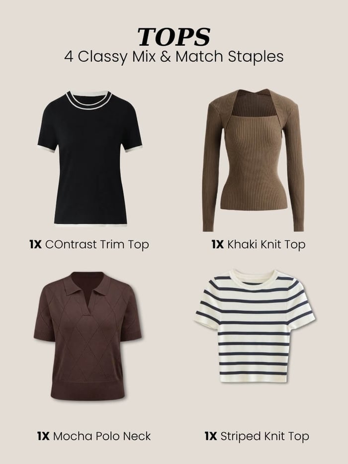 Classy knit tops for fall mix and match outfits: contrast trim, khaki, mocha, and striped