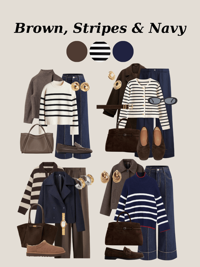 Classy winter style outfit with brown, navy, and striped details — chic city look inspiration.