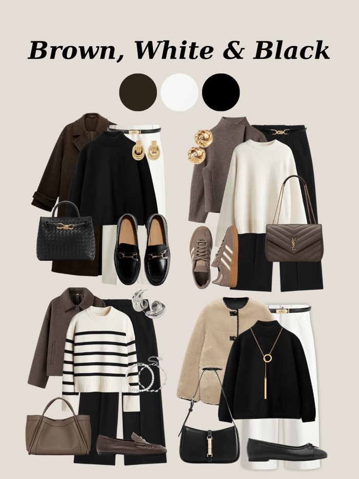 Minimalist winter fashion outfit in brown, white, and black — effortless and timeless style.