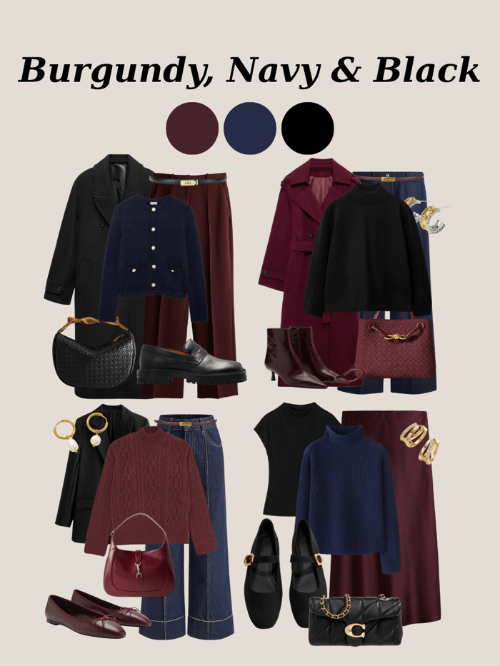 Elegant burgundy, navy, and black winter outfit — sophisticated cold-weather color trio.