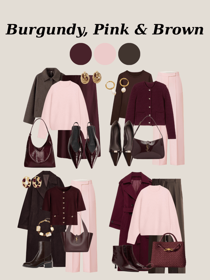 Romantic burgundy, pink, and brown outfit combination — classy winter style for women.