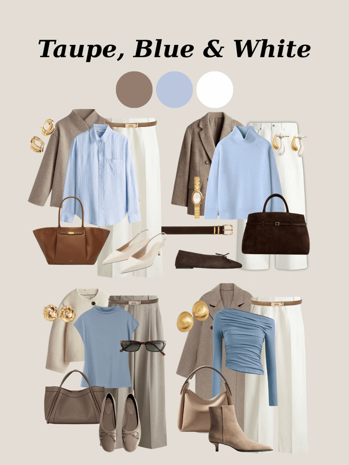 Soft taupe, blue, and white outfit palette — calm, elegant winter color trio inspiration.