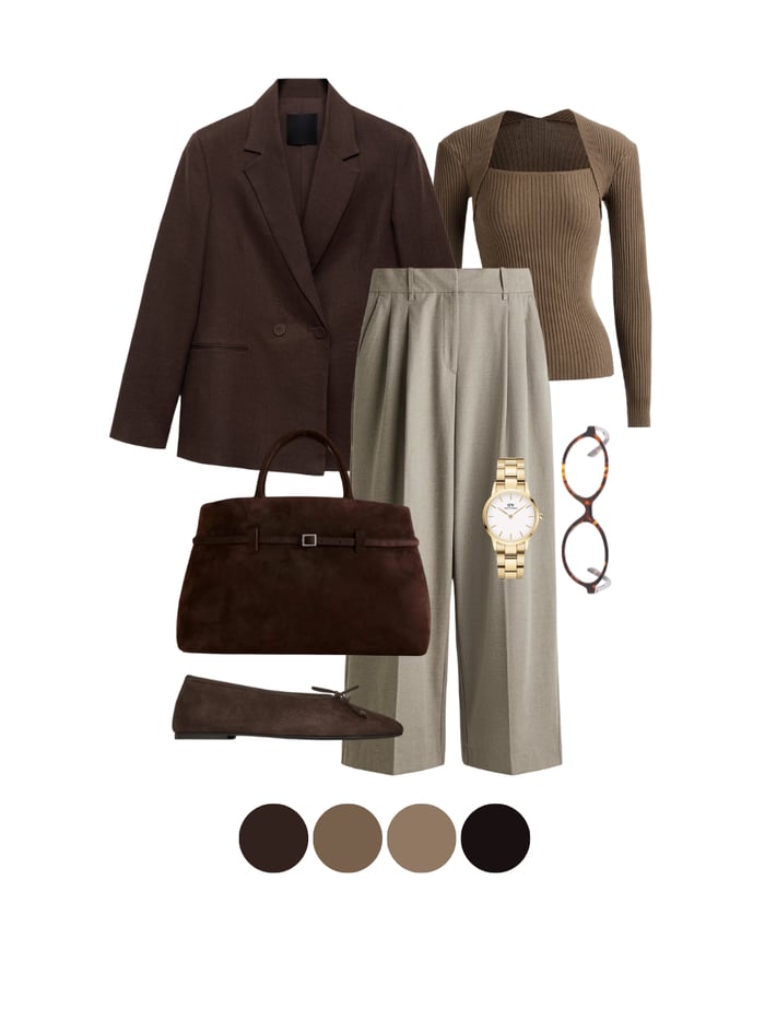 Earthy chic outfit with dark brown blazer, taupe knit top, and light beige trousers for classy fall 2025