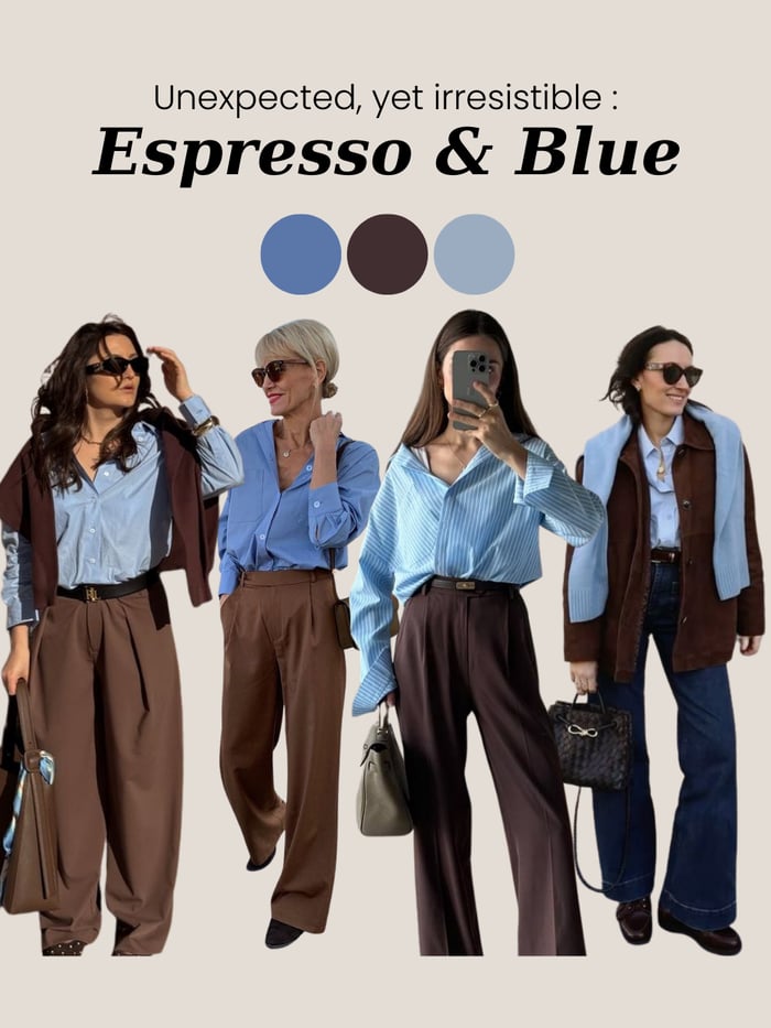 Urban chic with espresso trousers and powder blue shirt — a modern take on timeless colors.