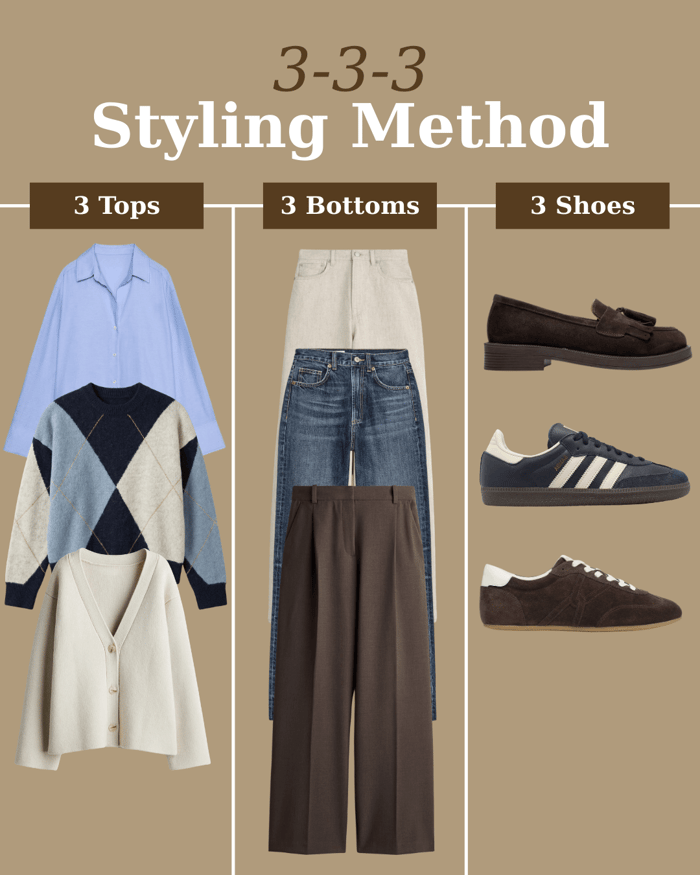 3-3-3 styling method showing 3 tops, 3 bottoms, and 3 shoes capsule wardrobe