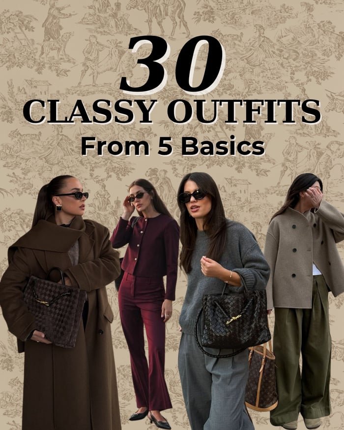 Four classy outfits created from five wardrobe basics including a mocha coat, burgundy cardigan, and charcoal sweater, styled in elegant streetwear