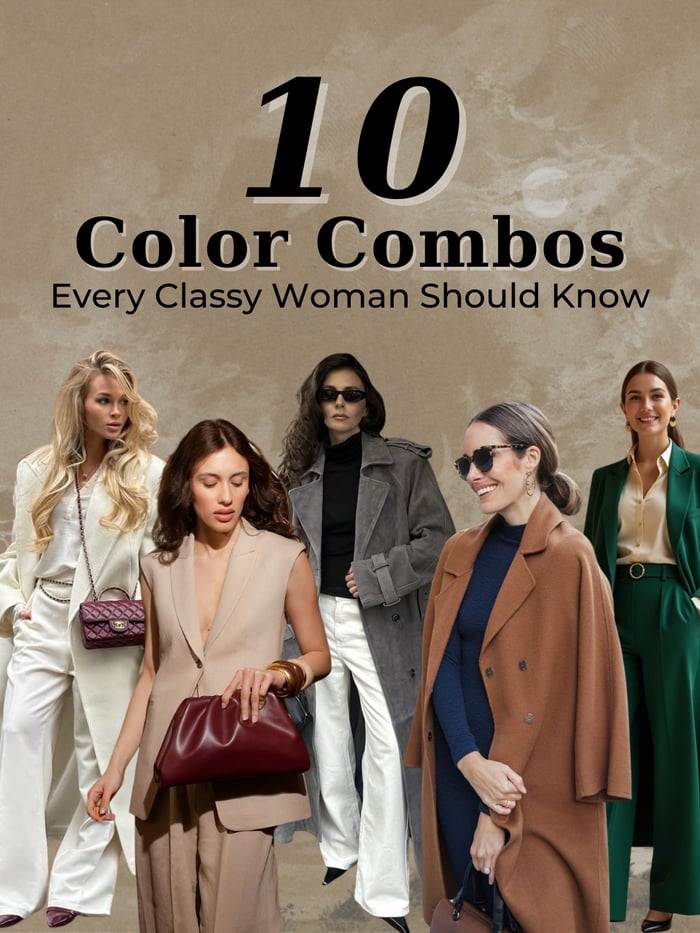 A visual guide showing timeless color combinations for classy women in 2025 capsule wardrobe looks.