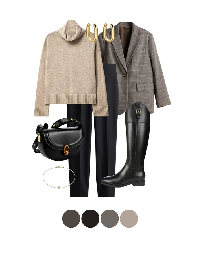 Quiet luxury outfit with plaid blazer, turtleneck, riding boots – look expensive on a budget