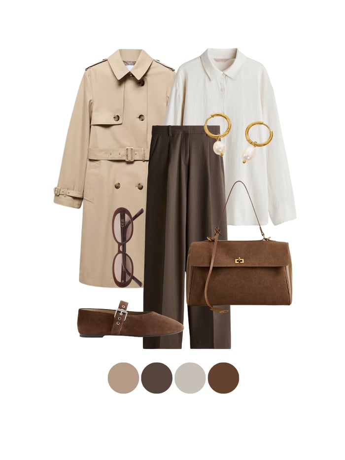 Polished fall outfit with beige trench coat, brown trousers, white blouse and gold pearl hoop earrings