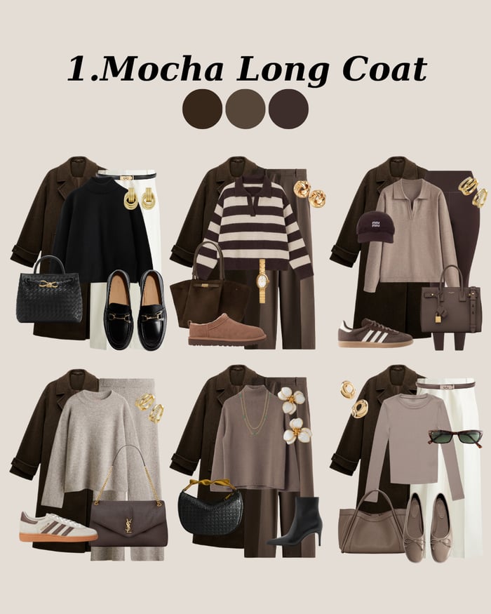 Six classy outfits styled with a mocha long coat and neutral basics like loafers, sneakers, turtlenecks, and wide-leg pants for an elevated capsule wardrobe