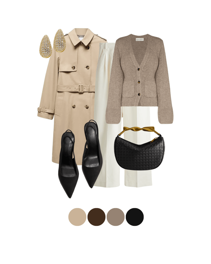 Refined Old Money style outfit layered with a beige trench coat, soft cashmere cardigan, ivory trousers, and pointed heels. Perfectly timeless and versatile for fall.