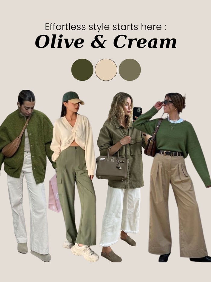 Earthy outfit in olive pants and cream sweater — perfect for quiet luxury style.