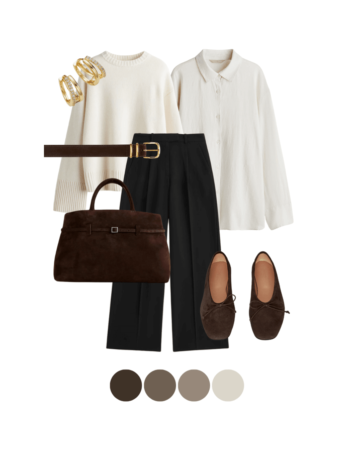 Budget-friendly elegant outfit with cream sweater and chocolate wide-leg pants to look expensive on a budget