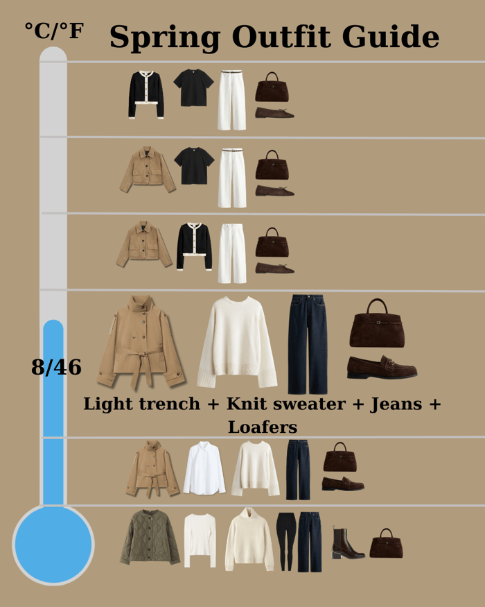 Light trench coat styled with a knit sweater and jeans in a spring outfit guide look ideal for crisp early spring days.