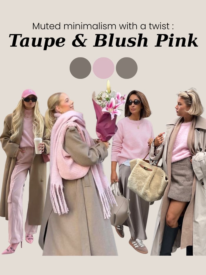 Soft romantic outfit with taupe pants and blush sweater — a feminine minimalist pairing.