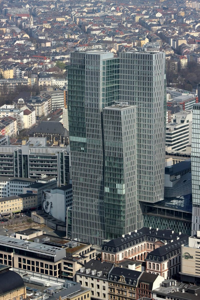 Aerial view of the modern Nextower skyscraper in Frankfurt, Germany.