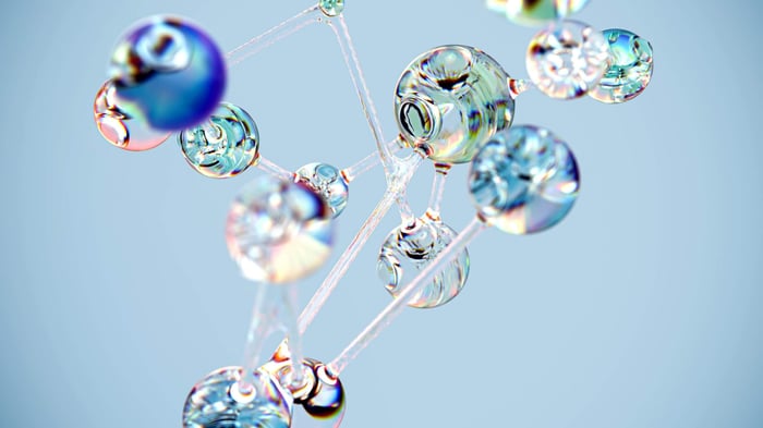 Flowing glass-like molecular structure in blue. Conceptual digital art with a tech twist.