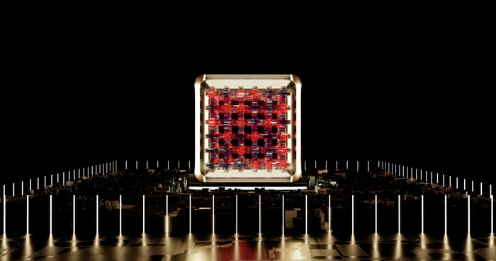 Abstract representation of a futuristic digital processor with glowing elements.
