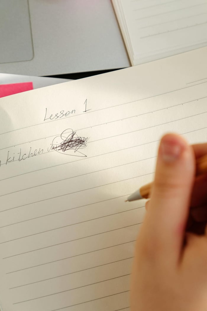 Focused shot of a handwritten lesson in a notebook, emphasizing detail and learning.